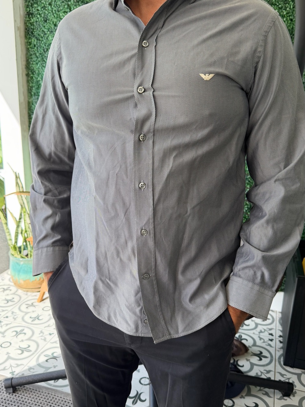 Vintage Emporio Armani Men's Charcoal Gray Long-Sleeve Dress Shirt